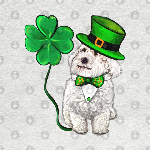 Funny Cavapoo puppy dog in hat and tie fancy dress with Clover Shamrocks - green 4 leaf clovers shamrock. Shenanigans The best Irish gift ideas 2024 by Artonmytee